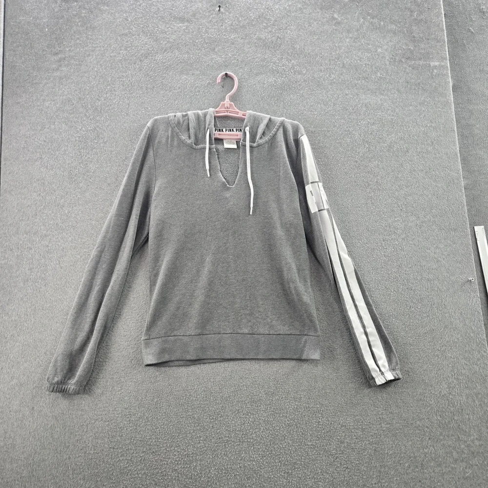 PINK‎ Victoria's Secret Women Hoodie M Gray Logo Stripe Long Sleeve